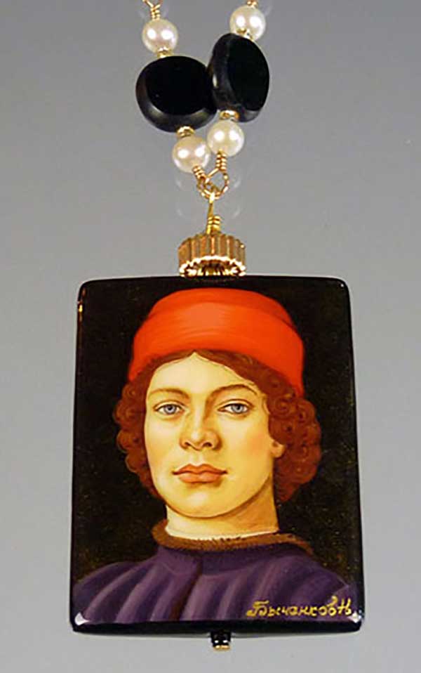 Bess Heitner: Man in Red Hat Handpainted Necklace | Rendezvous Gallery