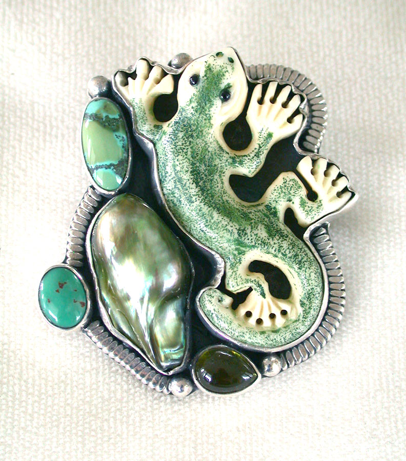 Amy Kahn Russell Online Trunk Show: Carved Bone, Turquoise, Pearl and Vesuvanite Pin/Pendant | Rendezvous Gallery