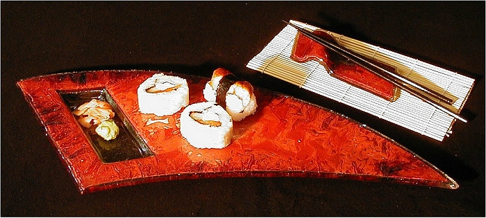 Charlton Glass: Curved Sushi Plate w/Chopsticks & Rest | Rendezvous Gallery