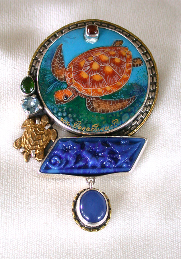 Amy Kahn Russell Online Trunk Show: Hand Painted Miniature, Blue Onyx and Hessonite Pin/Pendant | Rendezvous Gallery